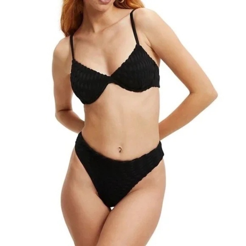 Good American Bikini Jacquard Wave Check Demi Cup Underwire Black